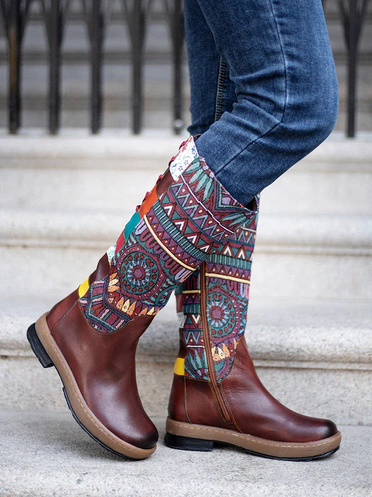 Koznoy 3cm Cotton Fabric Zip Autumn Spring Ankle Knee High Boots Women Ethnic Sheepskin Leather Chunky Heels Plus Size Shoes - CB056