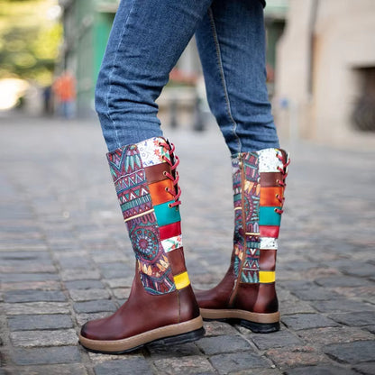 Koznoy 3cm Cotton Fabric Zip Autumn Spring Ankle Knee High Boots Women Ethnic Sheepskin Leather Chunky Heels Plus Size Shoes - CB056