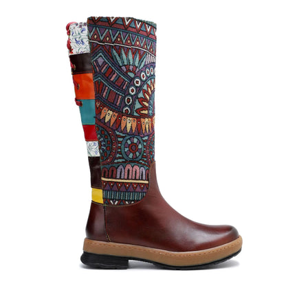 Koznoy 3cm Cotton Fabric Zip Autumn Spring Ankle Knee High Boots Women Ethnic Sheepskin Leather Chunky Heels Plus Size Shoes - CB056