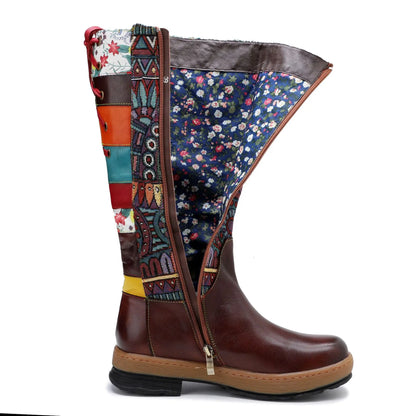 Koznoy 3cm Cotton Fabric Zip Autumn Spring Ankle Knee High Boots Women Ethnic Sheepskin Leather Chunky Heels Plus Size Shoes - CB056