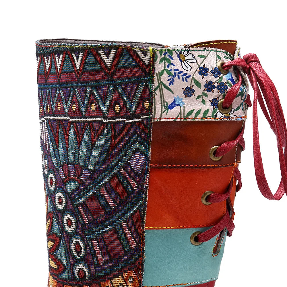 Koznoy 3cm Cotton Fabric Zip Autumn Spring Ankle Knee High Boots Women Ethnic Sheepskin Leather Chunky Heels Plus Size Shoes - CB056