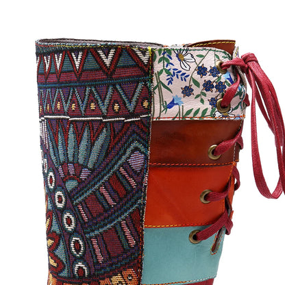 Koznoy 3cm Cotton Fabric Zip Autumn Spring Ankle Knee High Boots Women Ethnic Sheepskin Leather Chunky Heels Plus Size Shoes - CB056