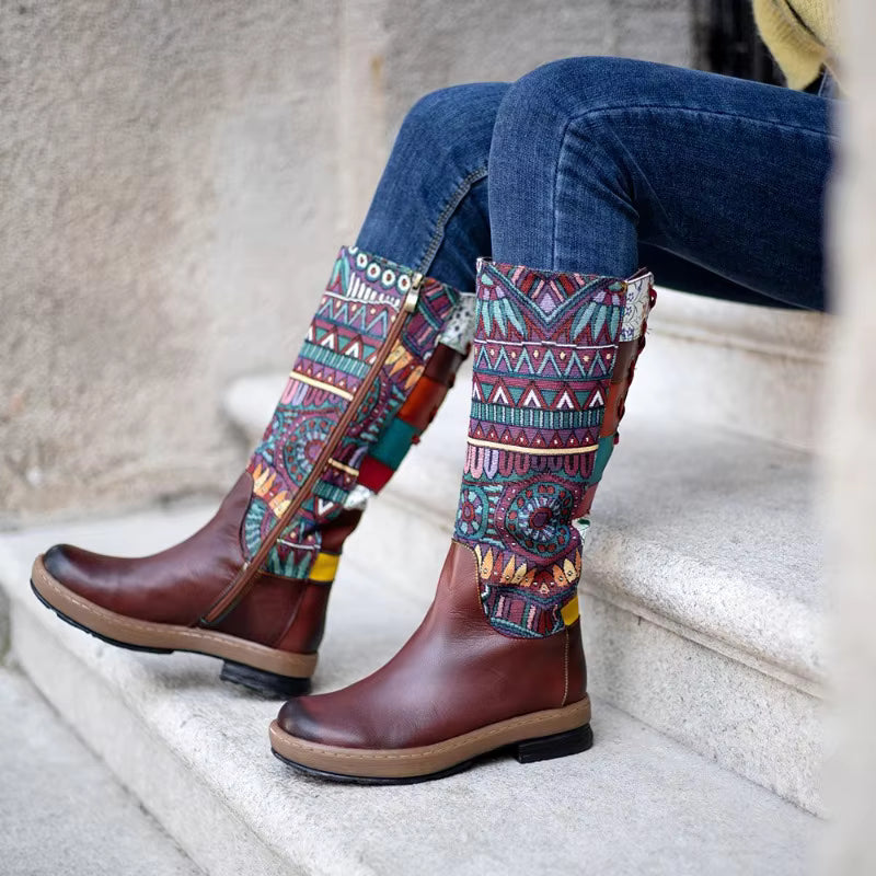 Koznoy 3cm Cotton Fabric Zip Autumn Spring Ankle Knee High Boots Women Ethnic Sheepskin Leather Chunky Heels Plus Size Shoes - CB056