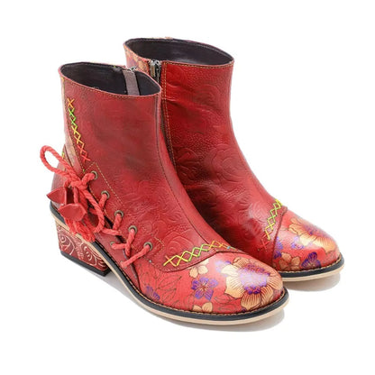 Koznoy 5.3cm Cowboy Boots Sheepskin Leather Zip Big Size Autumn Spring Women Retro Ankle Chunky Heels British Style Ethnic Shoes - CB054