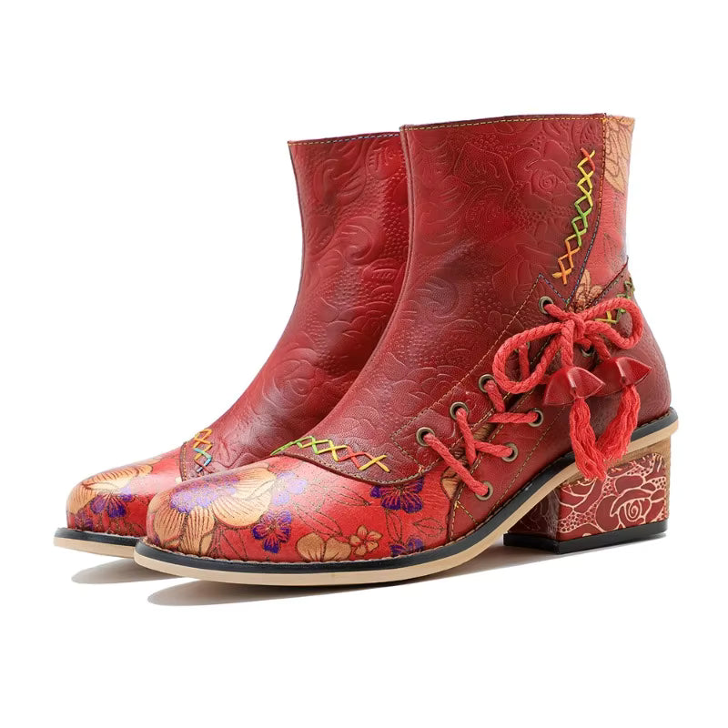 Koznoy 5.3cm Cowboy Boots Sheepskin Leather Zip Big Size Autumn Spring Women Retro Ankle Chunky Heels British Style Ethnic Shoes - CB054