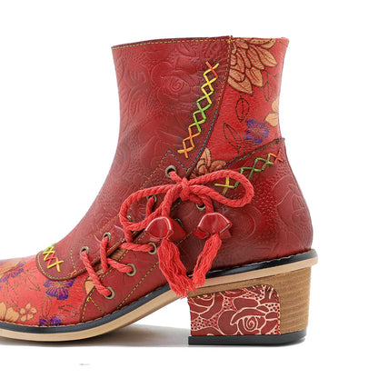 Koznoy 5.3cm Cowboy Boots Sheepskin Leather Zip Big Size Autumn Spring Women Retro Ankle Chunky Heels British Style Ethnic Shoes - CB054