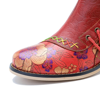 Koznoy 5.3cm Cowboy Boots Sheepskin Leather Zip Big Size Autumn Spring Women Retro Ankle Chunky Heels British Style Ethnic Shoes - CB054