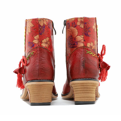 Koznoy 5.3cm Cowboy Boots Sheepskin Leather Zip Big Size Autumn Spring Women Retro Ankle Chunky Heels British Style Ethnic Shoes - CB054