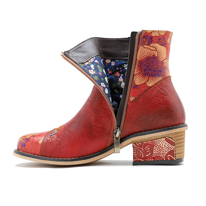 Koznoy 5.3cm Cowboy Boots Sheepskin Leather Zip Big Size Autumn Spring Women Retro Ankle Chunky Heels British Style Ethnic Shoes - CB054