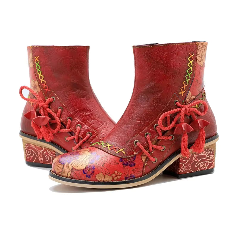 Koznoy 5.3cm Cowboy Boots Sheepskin Leather Zip Big Size Autumn Spring Women Retro Ankle Chunky Heels British Style Ethnic Shoes - CB054