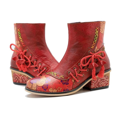 Koznoy 5.3cm Cowboy Boots Sheepskin Leather Zip Big Size Autumn Spring Women Retro Ankle Chunky Heels British Style Ethnic Shoes - CB054