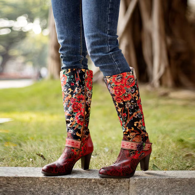 Koznoy 6cm Gold Velvet Print Flower Genuine Leather Boots Woman Autumn Spring Ankle Knee High Chunky Heels Plus Size Zip Shoes - CB057