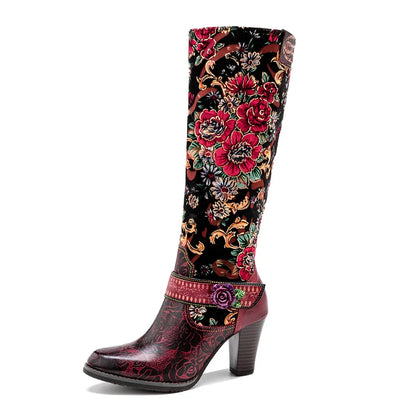 Koznoy 6cm Gold Velvet Print Flower Genuine Leather Boots Woman Autumn Spring Ankle Knee High Chunky Heels Plus Size Zip Shoes - CB057