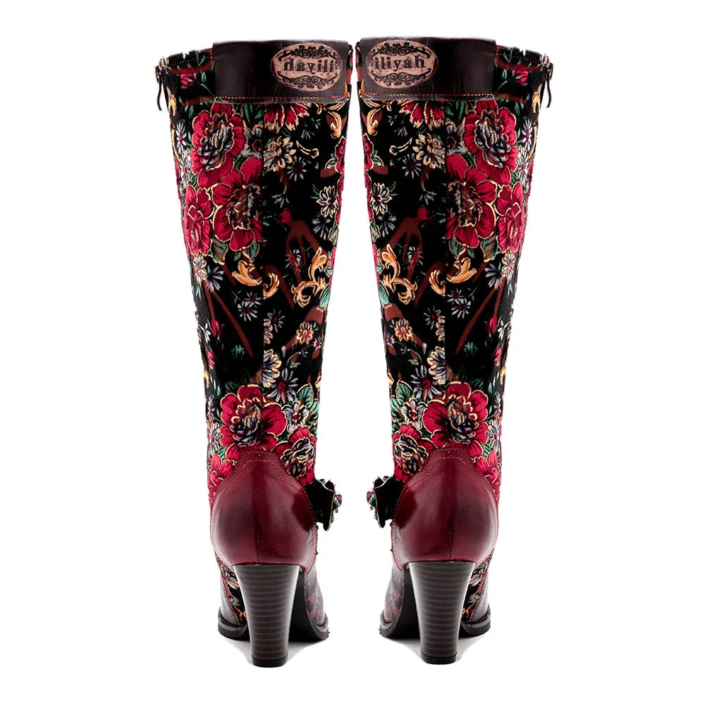 Koznoy 6cm Gold Velvet Print Flower Genuine Leather Boots Woman Autumn Spring Ankle Knee High Chunky Heels Plus Size Zip Shoes - CB057