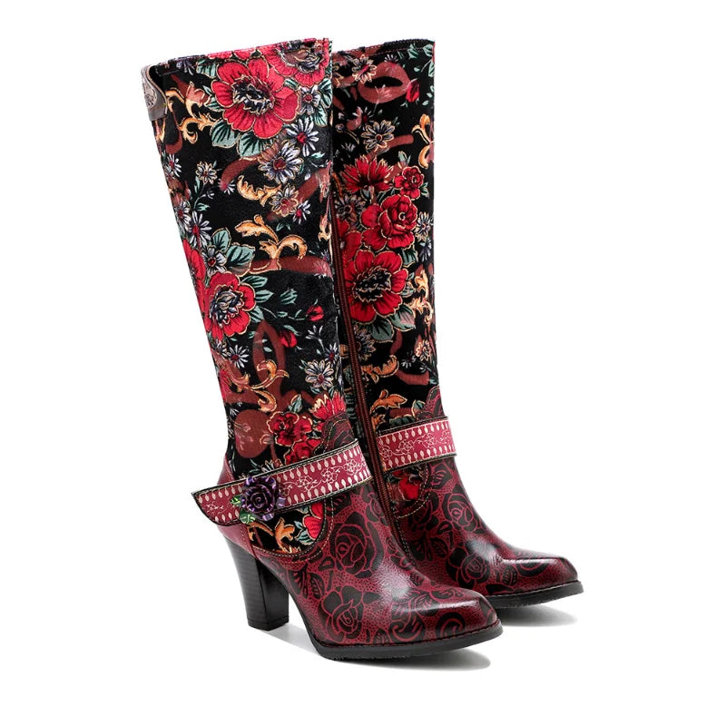 Koznoy 6cm Gold Velvet Print Flower Genuine Leather Boots Woman Autumn Spring Ankle Knee High Chunky Heels Plus Size Zip Shoes - CB057