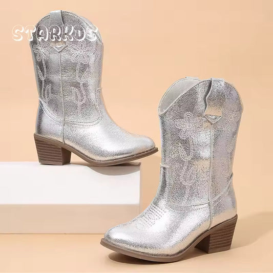Luxury Gold Silver Western Knee High Boots Girls Premium Quality Slip-on Cowboy Long Booties Kids Heeled Point Toe Floral Botas - CB085