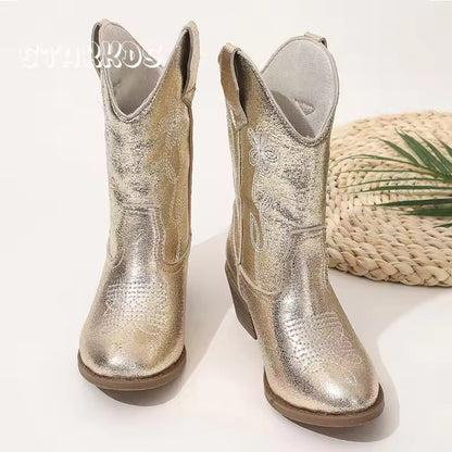 Luxury Gold Silver Western Knee High Boots Girls Premium Quality Slip-on Cowboy Long Booties Kids Heeled Point Toe Floral Botas - CB085