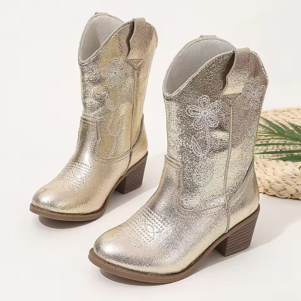 Luxury Gold Silver Western Knee High Boots Girls Premium Quality Slip-on Cowboy Long Booties Kids Heeled Point Toe Floral Botas - CB085