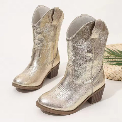 Luxury Gold Silver Western Knee High Boots Girls Premium Quality Slip-on Cowboy Long Booties Kids Heeled Point Toe Floral Botas - CB085