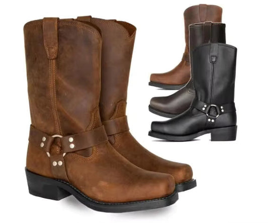 Luxury Retro Cowboy Boots Men Mid Calf Western Boot Men Pu Leather Man Slip On Shoes Winter Knight Boots Booties Plus Size 48 - CB049