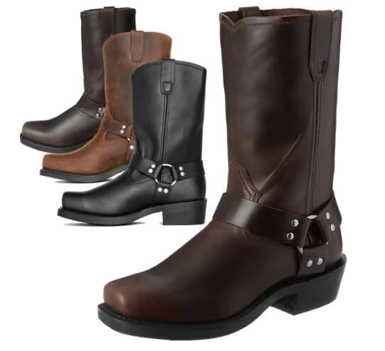 Luxury Retro Cowboy Boots Men Mid Calf Western Boot Men Pu Leather Man Slip On Shoes Winter Knight Boots Booties Plus Size 48 - CB049