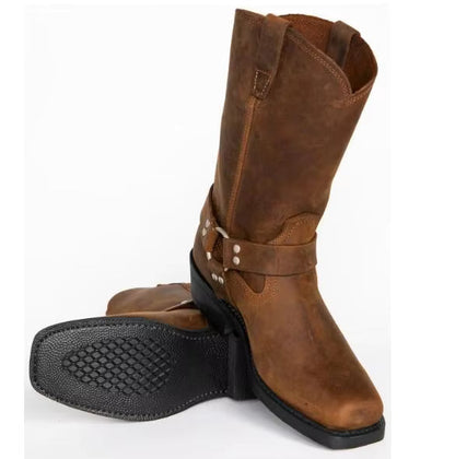 Luxury Retro Cowboy Boots Men Mid Calf Western Boot Men Pu Leather Man Slip On Shoes Winter Knight Boots Booties Plus Size 48 - CB049