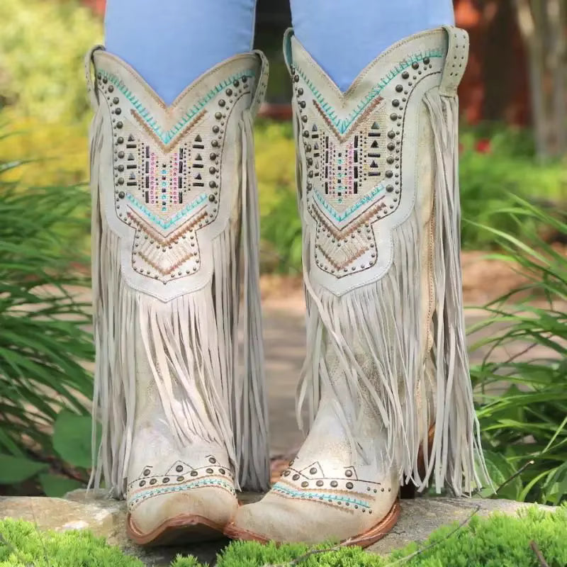 Medieval Ladies' Tassel Mid-tube Pointed Toe Ethnic Style Boots Retro Rivet Shoes Role Playing Stage Performance Accessories - CB027