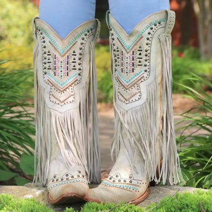 Medieval Ladies' Tassel Mid-tube Pointed Toe Ethnic Style Boots Retro Rivet Shoes Role Playing Stage Performance Accessories - CB027