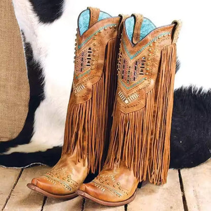 Medieval Ladies' Tassel Mid-tube Pointed Toe Ethnic Style Boots Retro Rivet Shoes Role Playing Stage Performance Accessories - CB027