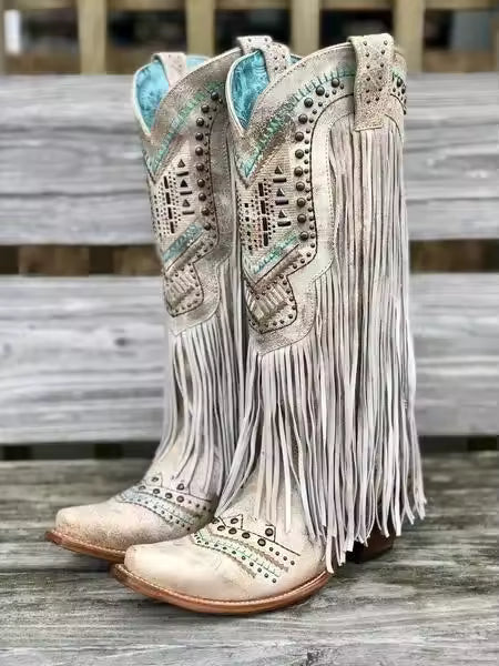 Medieval Ladies' Tassel Mid-tube Pointed Toe Ethnic Style Boots Retro Rivet Shoes Role Playing Stage Performance Accessories - CB027