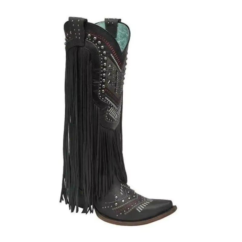 Medieval Ladies' Tassel Mid-tube Pointed Toe Ethnic Style Boots Retro Rivet Shoes Role Playing Stage Performance Accessories - CB027