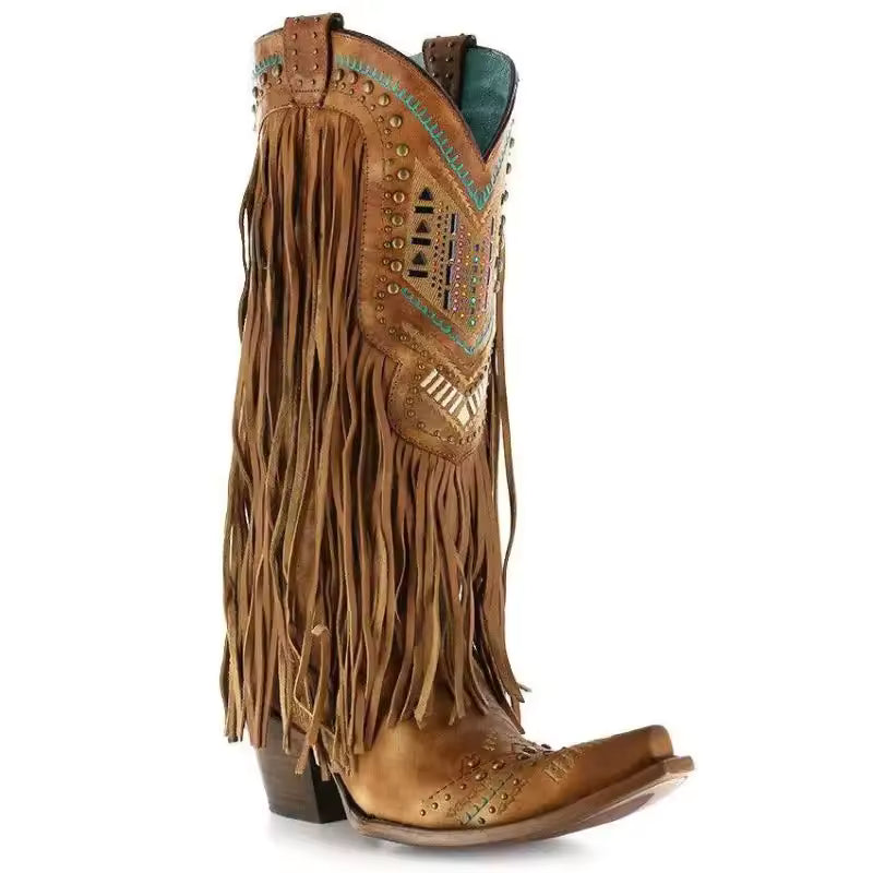 Medieval Ladies' Tassel Mid-tube Pointed Toe Ethnic Style Boots Retro Rivet Shoes Role Playing Stage Performance Accessories - CB027