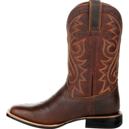 Men Boots Mid Calf Western Cowboy Motorcycle Boots Male Autumn Outdoor PU Leather Totem Med-Calf Boots Retro Designed Men Shoes - CB001