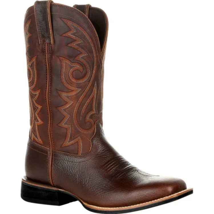 Men Boots Mid Calf Western Cowboy Motorcycle Boots Male Autumn Outdoor PU Leather Totem Med-Calf Boots Retro Designed Men Shoes - CB001