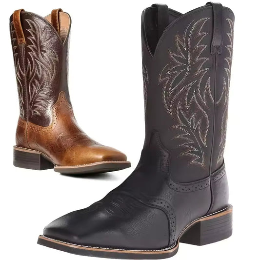 Men High Boots Embroidery Retro Handmade Mens Boots Western Cowboy Boot Pointed Toe Boots Hand Stitching Outdoor Men's Shoes - CB012