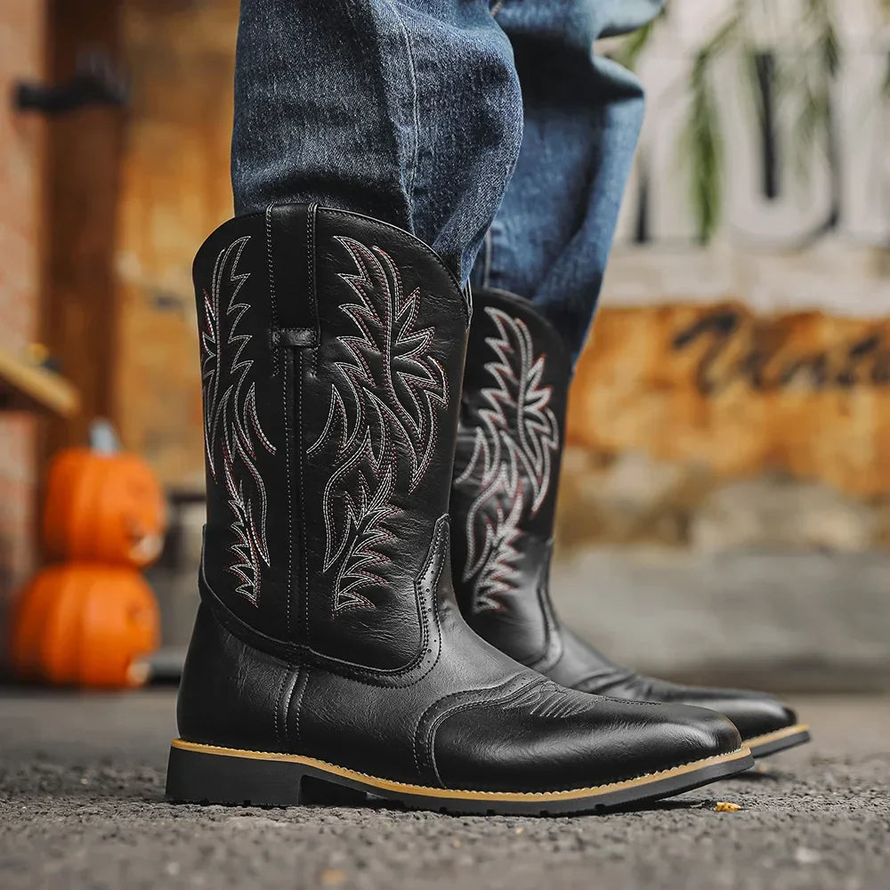 Men High Boots Embroidery Retro Handmade Mens Boots Western Cowboy Boot Pointed Toe Boots Hand Stitching Outdoor Men's Shoes - CB003