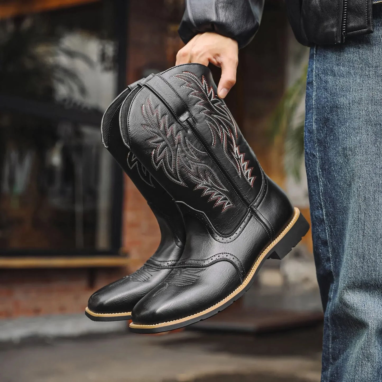 Men High Boots Embroidery Retro Handmade Mens Boots Western Cowboy Boot Pointed Toe Boots Hand Stitching Outdoor Men's Shoes - CB003