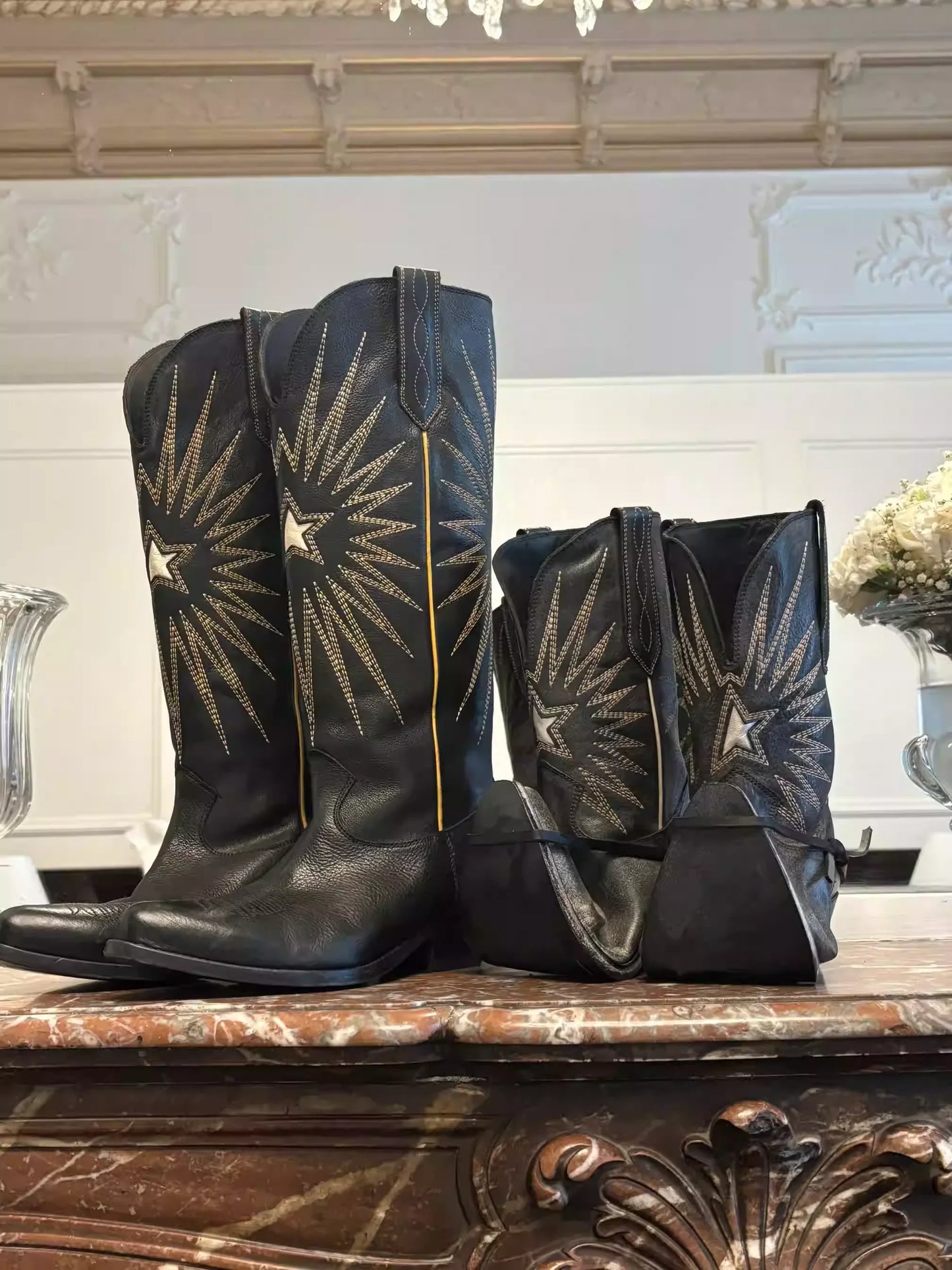 New Autumn/Winter Women's Black Cowboy Boots Star Embroidery Pointed Toe Block Heel Western Music Festival Matching Daily Shoes - CB069