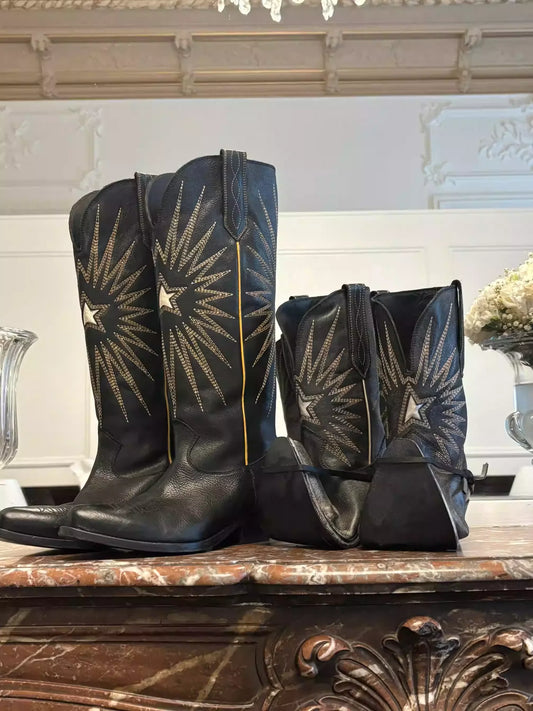 New Autumn/Winter Women's Black Cowboy Boots Star Embroidery Pointed Toe Block Heel Western Music Festival Matching Daily Shoes - CB069