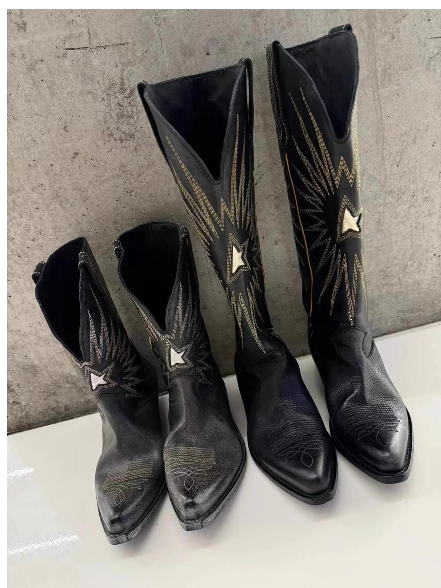 New Autumn/Winter Women's Black Cowboy Boots Star Embroidery Pointed Toe Block Heel Western Music Festival Matching Daily Shoes - CB069