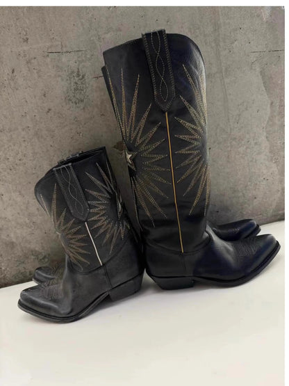 New Autumn/Winter Women's Black Cowboy Boots Star Embroidery Pointed Toe Block Heel Western Music Festival Matching Daily Shoes - CB069