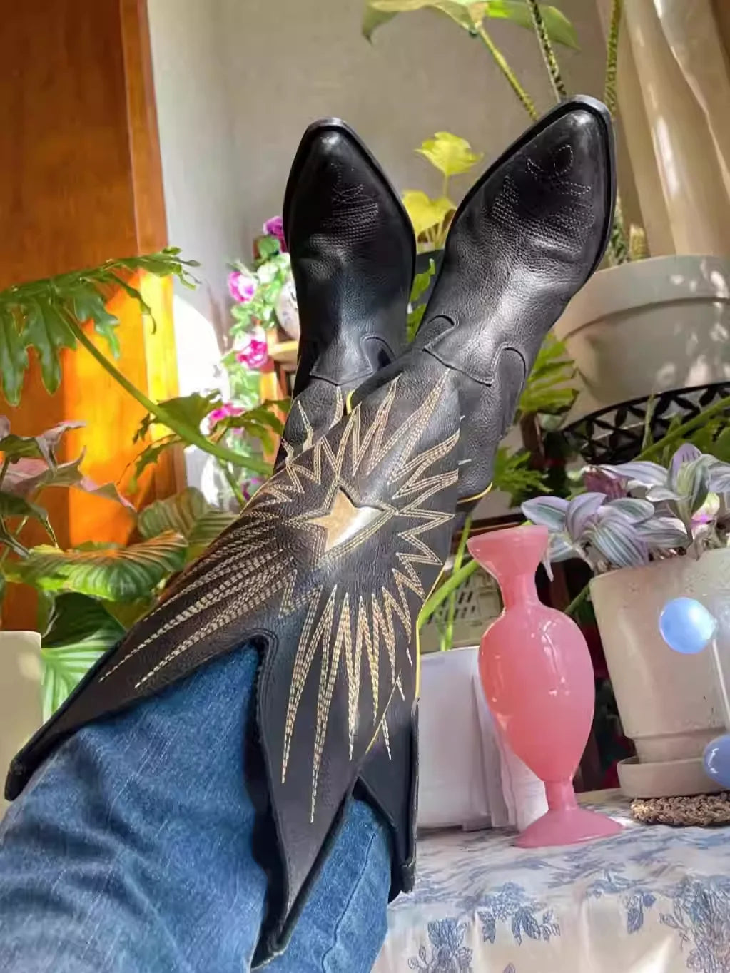 New Autumn/Winter Women's Black Cowboy Boots Star Embroidery Pointed Toe Block Heel Western Music Festival Matching Daily Shoes - CB069
