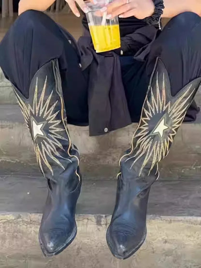 New Autumn/Winter Women's Black Cowboy Boots Star Embroidery Pointed Toe Block Heel Western Music Festival Matching Daily Shoes - CB069