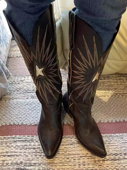 New Autumn/Winter Women's Black Cowboy Boots Star Embroidery Pointed Toe Block Heel Western Music Festival Matching Daily Shoes - CB069