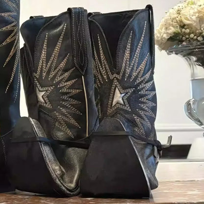 New Autumn/Winter Women's Black Cowboy Boots Star Embroidery Pointed Toe Block Heel Western Music Festival Matching Daily Shoes - CB069