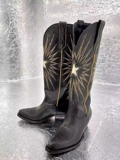 New Autumn/Winter Women's Black Cowboy Boots Star Embroidery Pointed Toe Block Heel Western Music Festival Matching Daily Shoes - CB069