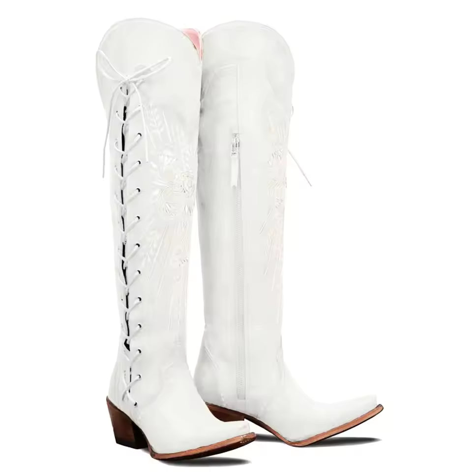 New Europe And The United States High Over The Knee Side Zip Tie Women's Boots Thick With Pointed Women's Shoes - CB026