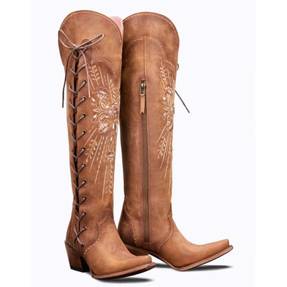 New Europe And The United States High Over The Knee Side Zip Tie Women's Boots Thick With Pointed Women's Shoes - CB026