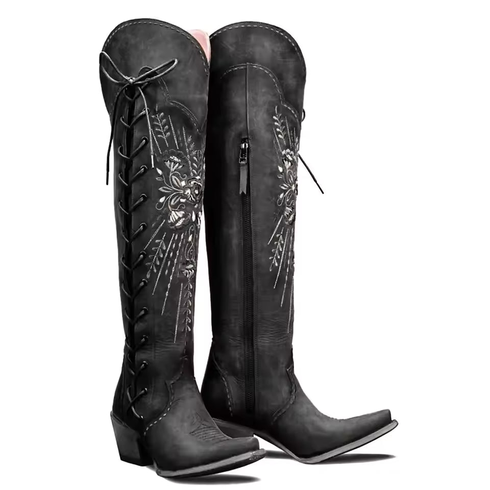 New Europe And The United States High Over The Knee Side Zip Tie Women's Boots Thick With Pointed Women's Shoes - CB026