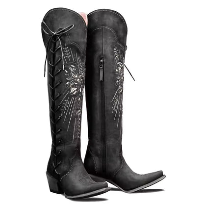New Europe And The United States High Over The Knee Side Zip Tie Women's Boots Thick With Pointed Women's Shoes - CB026